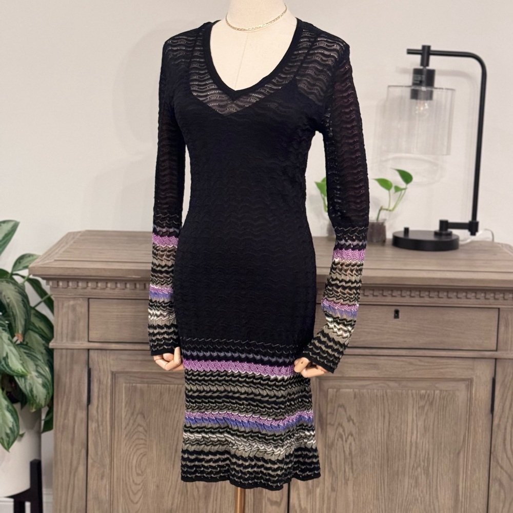 Missoni Black Silk Pointelle Zigzag Knit Mini Dress 38 S